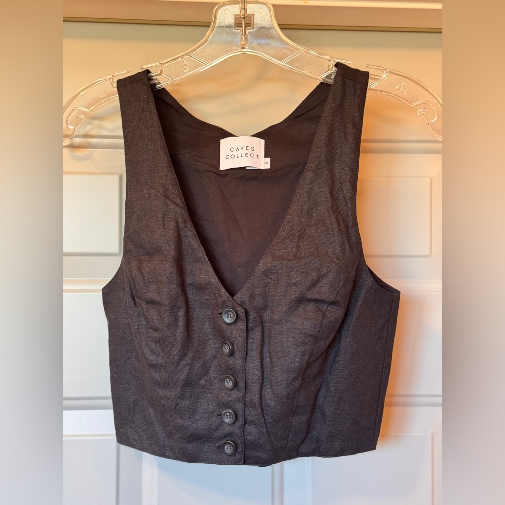 Caves Collect 100% Linen Button Front Vest Black Size 6 Made in Australia